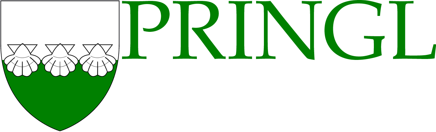 PRINGL logo - blazonry: Per fesse argent and vert 3 escallops proper in fess